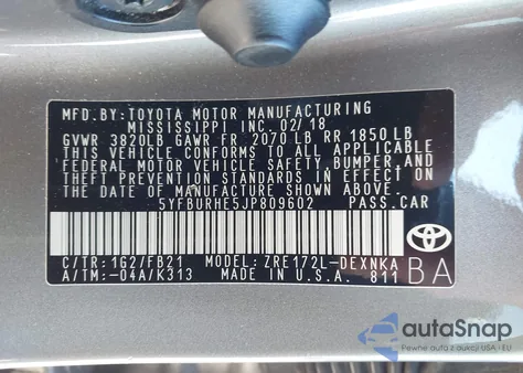 2018 Toyota Corolla Le из США, поврежденный, VIN 5YFBURHE5JP809602